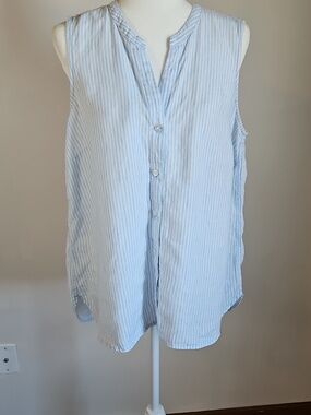 Tommy Bahama LG Linen Button Blouse Sleeveless Blue Pinstripe Coastal